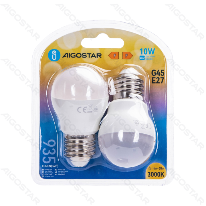 LED G45 Apvalioji lemputė-E27-10W-3000K-935lm-2 pcs