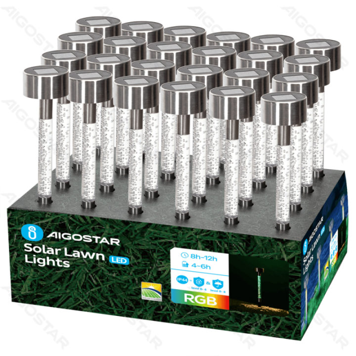 LED Solar Ambient Lawn Light Stainless Steel Bubble Stick Ground Insert RGB