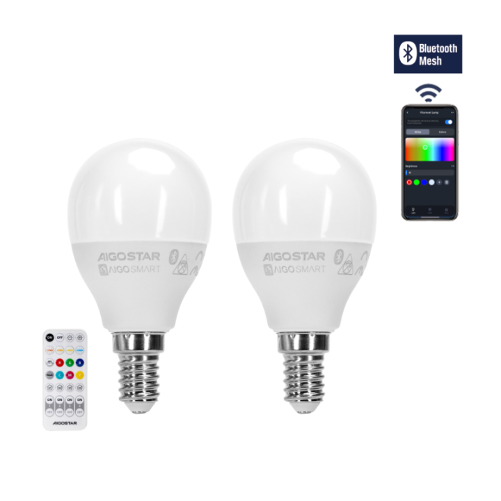 Bluetooth MESH G45 E14 6.5W RGB+CCT 2pcs, su nuotolinio valdymo pultu