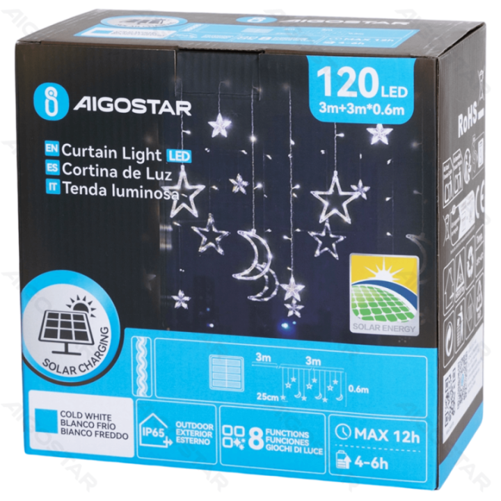 Solar string lights, stars and moons (wave), cool white, 3m+3m*0.6m, 12strips 12 strips