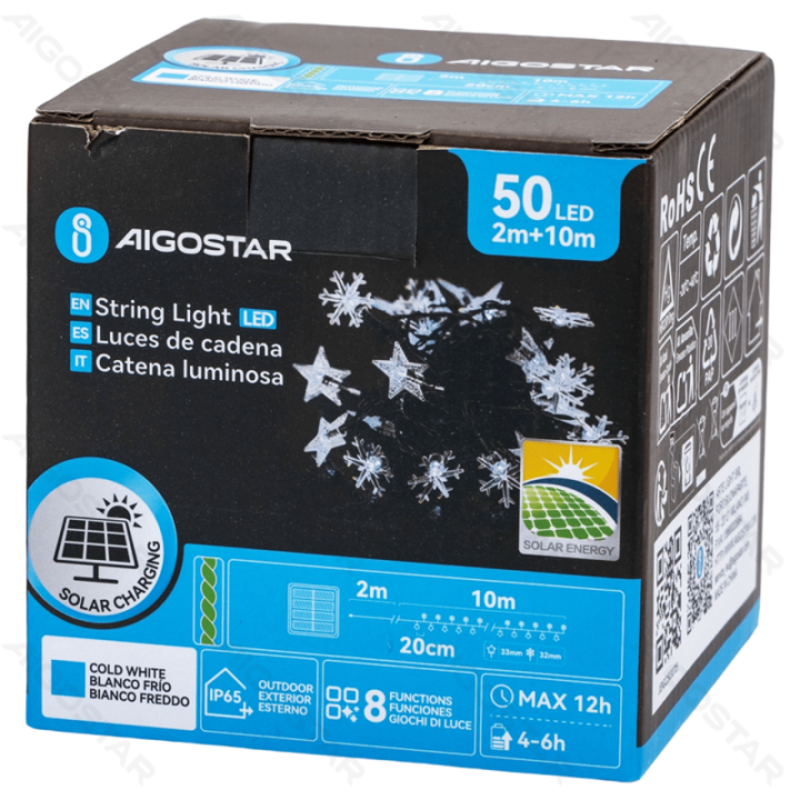 Solar star snowflake string lights, cold white, 2m+10m