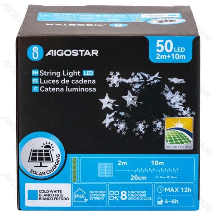 Saulės žvaigždžių snaigių girliandos, šaltai balta, 2m+10m