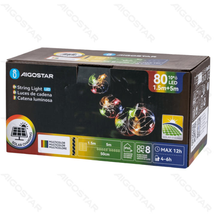 Solar G50 copper wire string lights, RGBY, 1.5m+5m, IP65, Outdoor