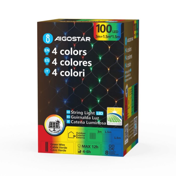 Saulės tinklinės plokščios girliandos, RGBY, 3m+1.5m*1.5m