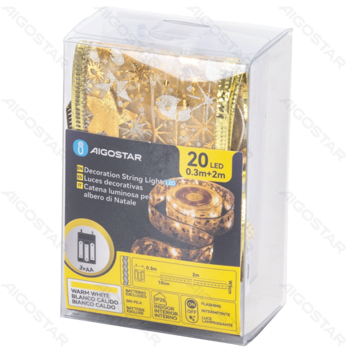 3AA baterijų girliandos 5cm auksinė žvaigždės juosta, šiltai balta, 2m