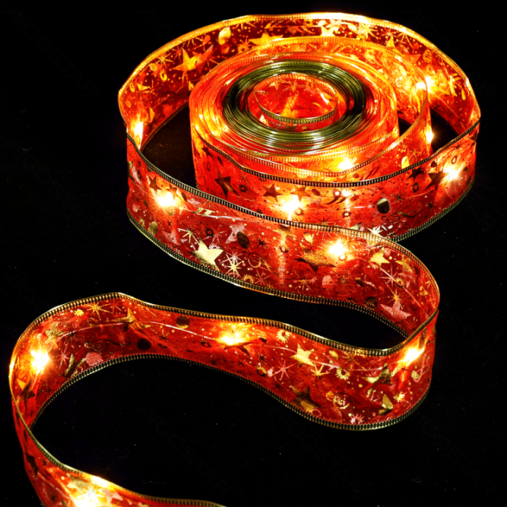 3AA Battery String Lights 5cm Red Star Ribbon Warm White 5m