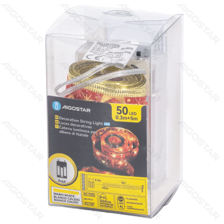 3AA Battery String Lights 5cm Red Star Ribbon Warm White 5m