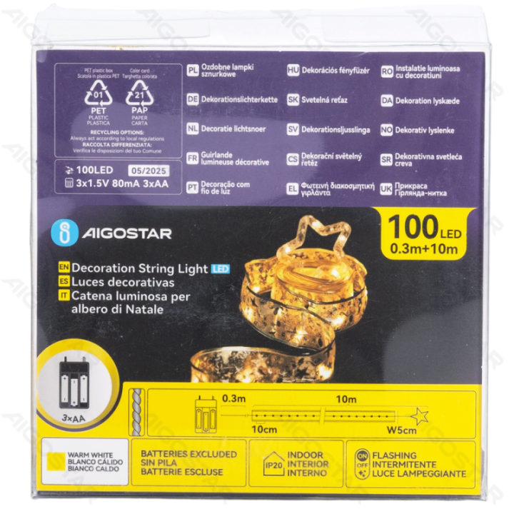 3AA baterijų girliandos Pentagram juosta šilta balta 10m