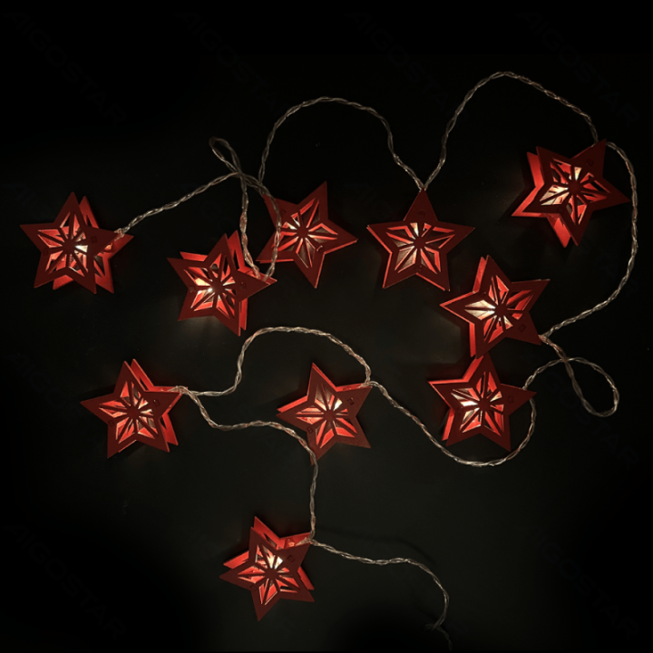 3AA baterijų girliandos - medinė penkialypė pakabutė, šiltai balta, 3m, IP20 patalpose