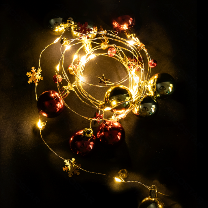 3AA Battery String Lights Stars Balls Golden+Red Warm White 2m