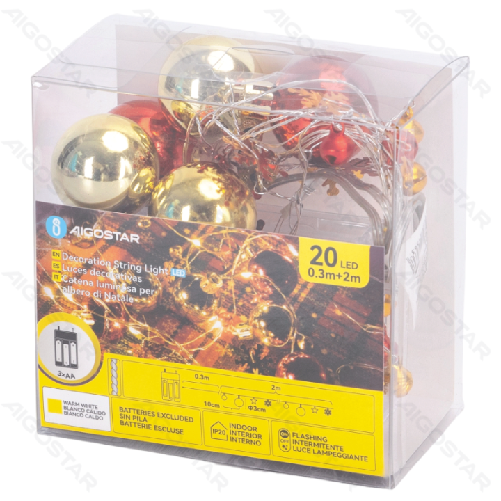 3AA Battery String Lights Stars Balls Golden+Red Warm White 2m