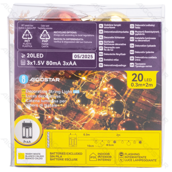 3AA Battery String Lights Stars Balls Golden+Red Warm White 2m