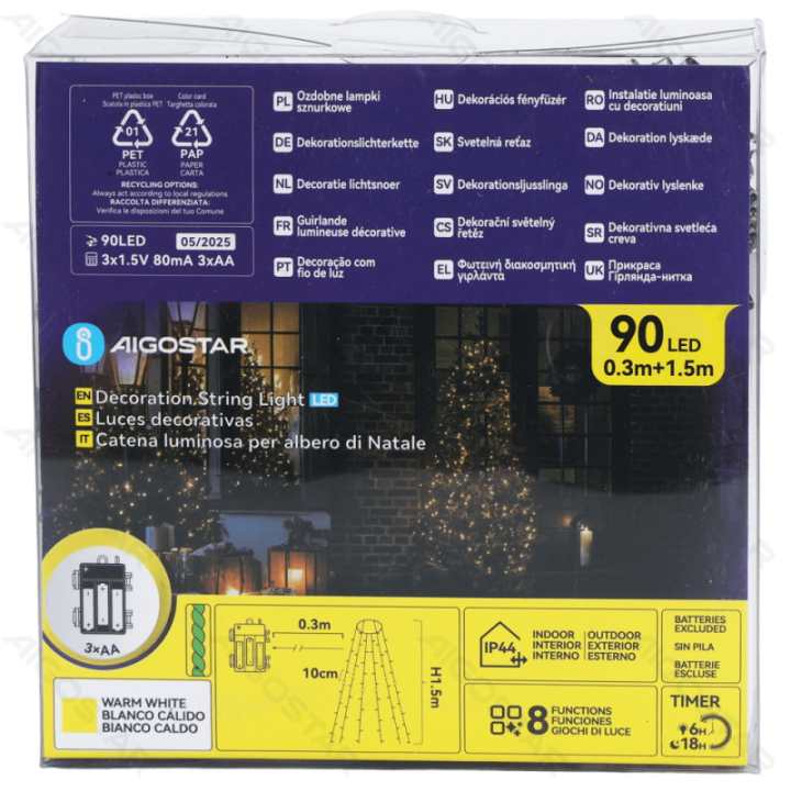 3AA baterijų girliandos Medis dengtas šviesa, šiltai balta, 1.5m