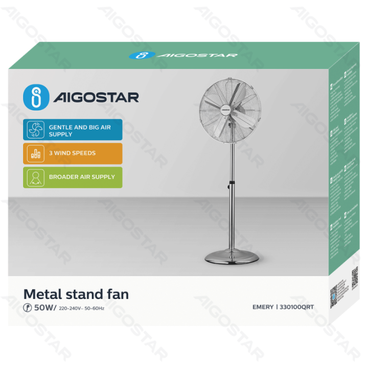 Metal Stand Fan,16 Inches, 4 Blades, 3 Speeds, Silver
