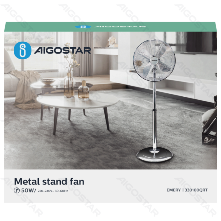 Metal Stand Fan,16 Inches, 4 Blades, 3 Speeds, Silver