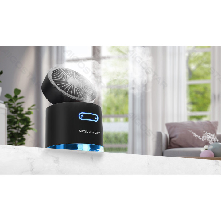 Table Mist Fan, 4 Inches, 5 Blades, 3 Speeds, 2000mAh, Black