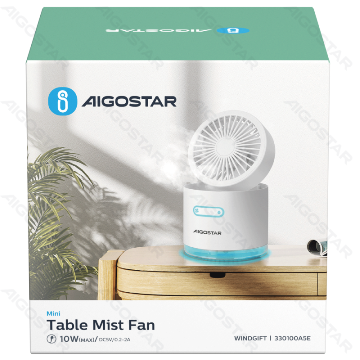 Table Mist Fan, 4 Inches, 5 Blades, 3 Speeds, 2000mAh, White