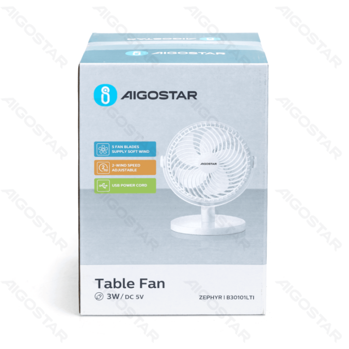 Portable Table Fan, 6 Inches, 5 Blades, 2 Speeds, Without battery, White