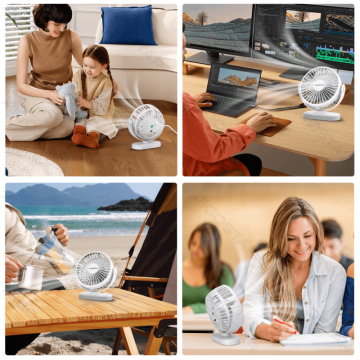 Portable Table Fan, 6 Inches, 5 Blades, 3 Speeds, 1500mAh, White