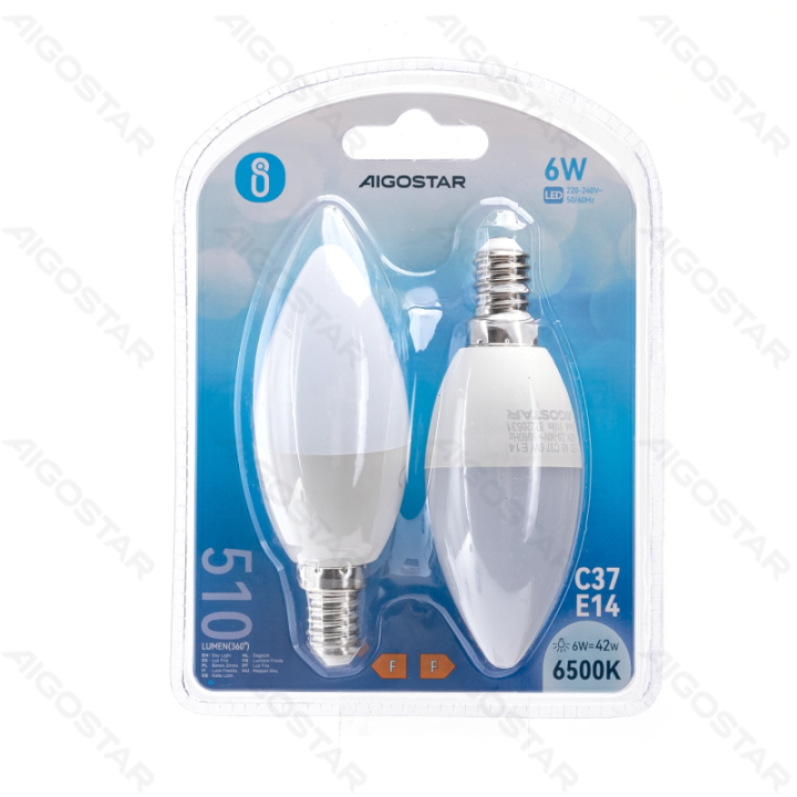 LED C37 apvalioji lemputė-E14-6W-6500K-510lm-2 vnt.