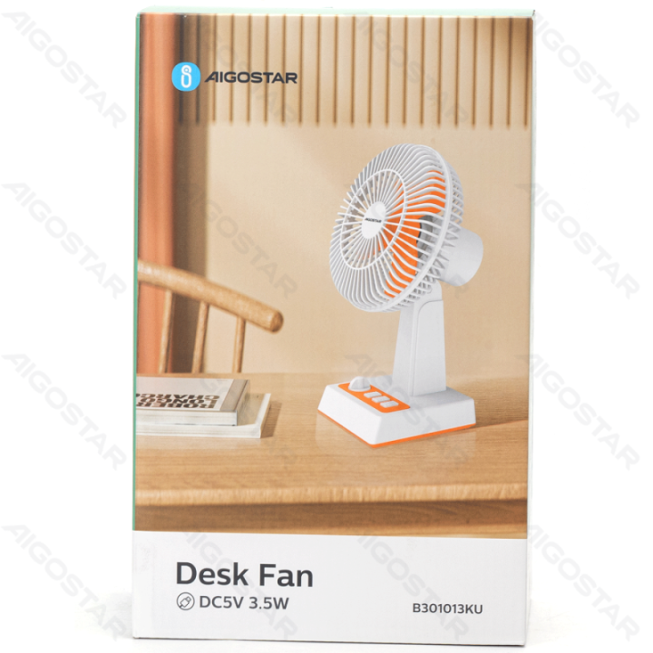 Nešiojamas stalo ventiliatorius, 8 Inches, 3 mentės, 3 greičiai, be baterijos, balta ir oranžinė