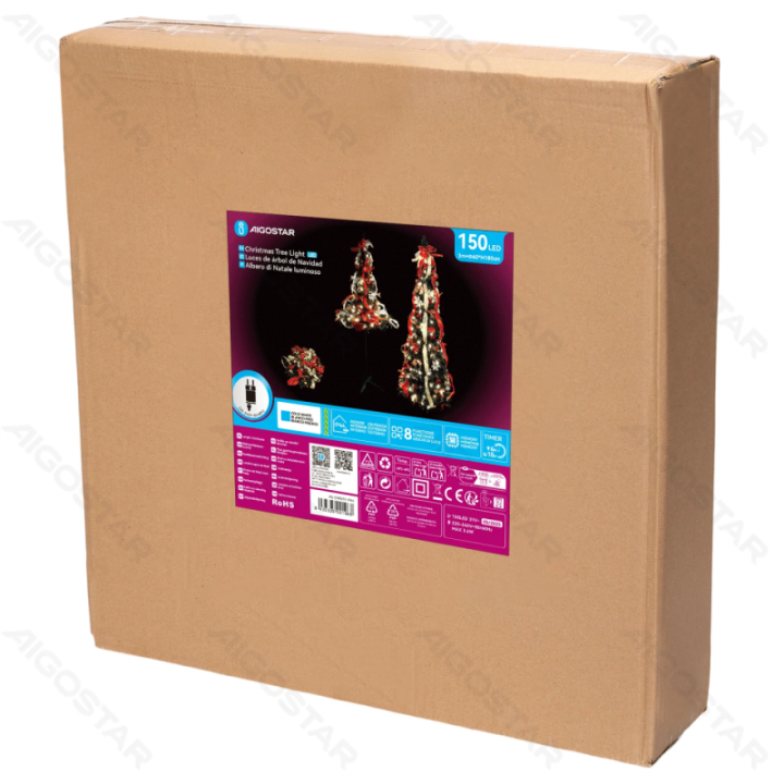 Foldable Christmas Tree Red Gold Decorations Cold White 1.8m IP44, Indoor&Outdoor