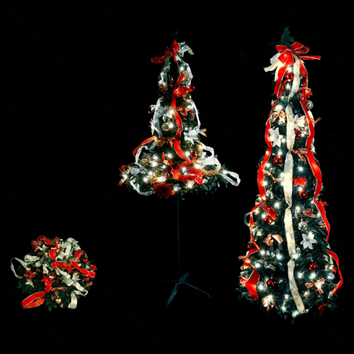 Foldable Christmas Tree Red Gold Decorations Cold White 1.2m IP44, Indoor&Outdoor