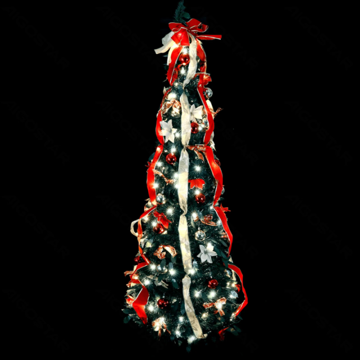 Foldable Christmas Tree Red Gold Decorations Cold White 1.2m IP44, Indoor&Outdoor