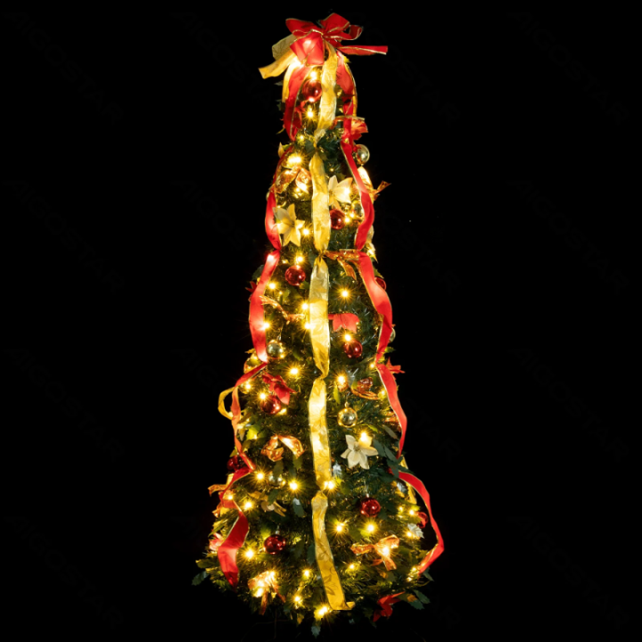 Foldable Christmas Tree Red Gold Decorations Warm White 1.2m IP44, Indoor&Outdoor