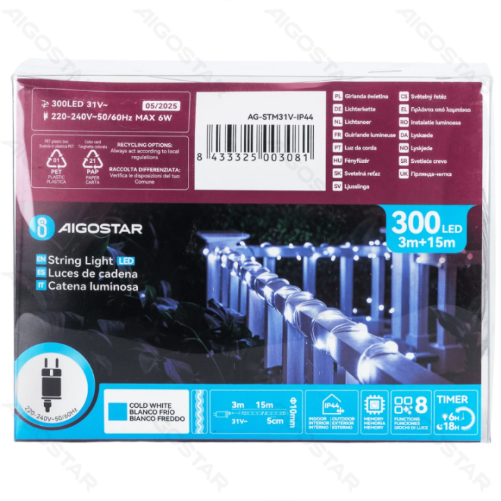 Mažo įtampos 10mm vamzdelio girliandos šalta balta 15m IP44, Vidaus ir lauko