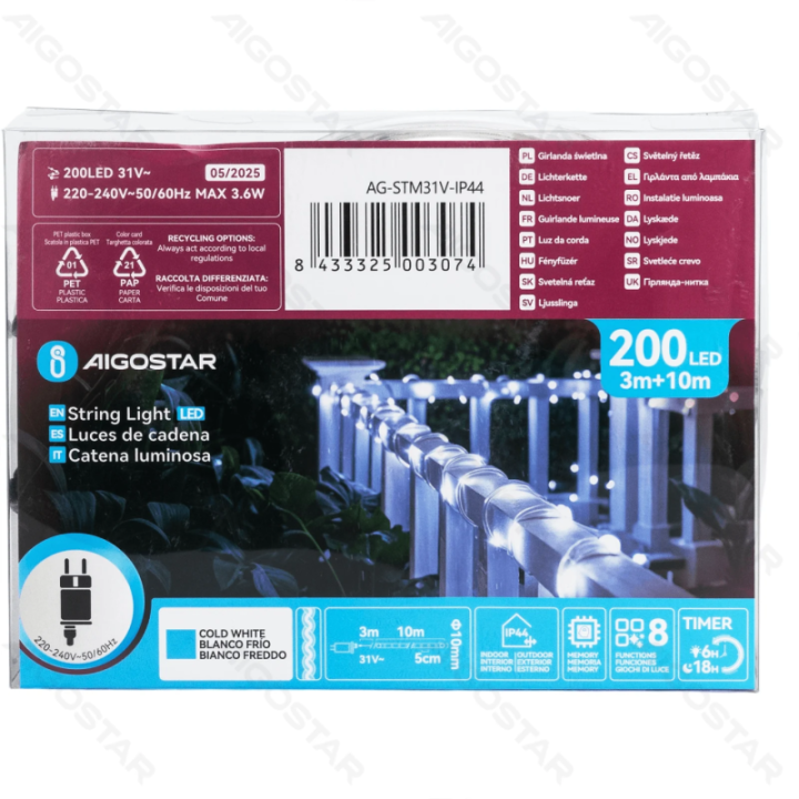 Low Voltage 10mm Tube String Lights Cold White 10m IP44, Indoor&Outdoor