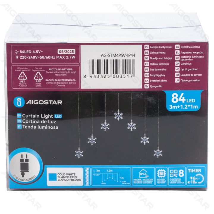 Low Voltage Curtain Inverted-V Flat String Lights Snowflake Cold White 1.2*1m 7 strips IP44, Indoor&Outdoor