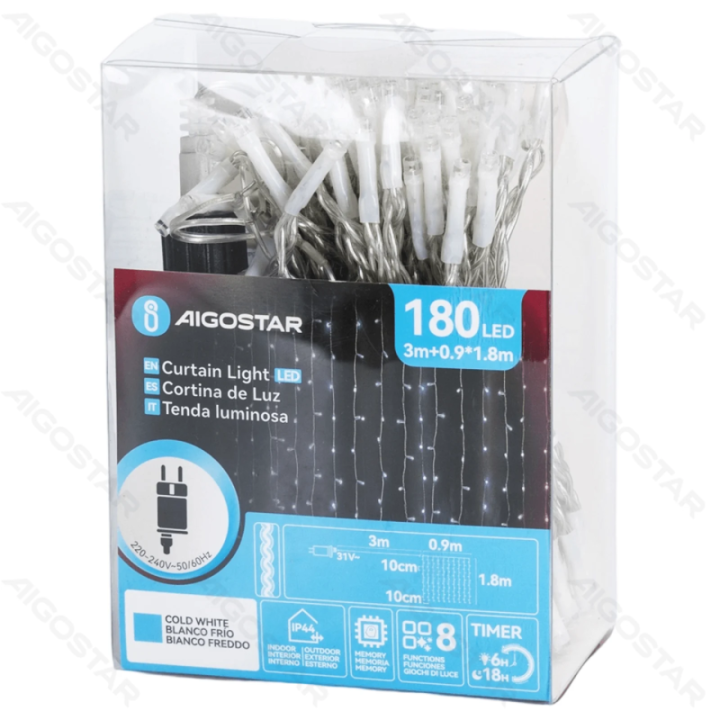 Low Voltage Curtain Flat String Lights, Cold White, 0.9*1.8m 10 strips IP44, Indoor&Outdoor