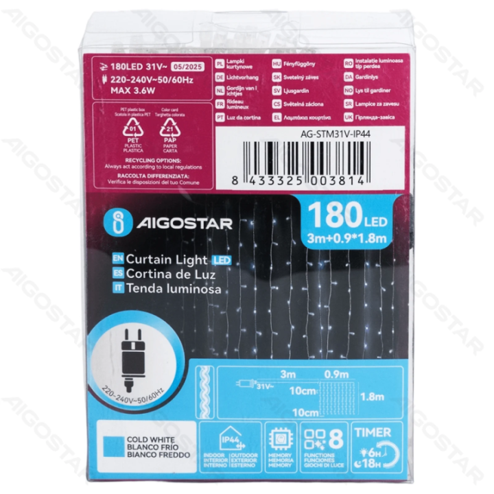 Low Voltage Curtain Flat String Lights, Cold White, 0.9*1.8m 10 strips IP44, Indoor&Outdoor