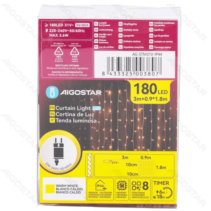 Low Voltage Curtain Flat String Lights, Warm White, 0.9*1.8m 10 strips IP44, Indoor&Outdoor