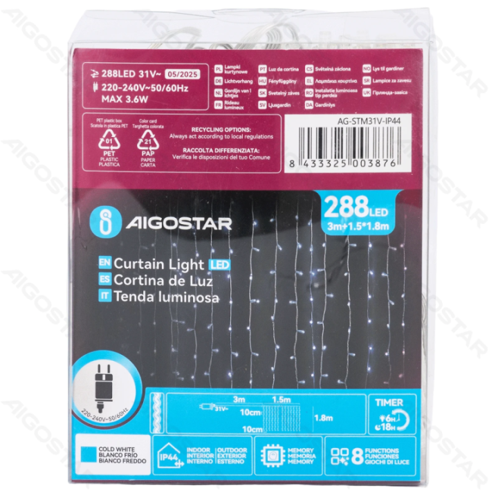 Low Voltage Curtain Flat String Lights, Cold White, 1.5*1.8m 16 strips IP44, Indoor&Outdoor