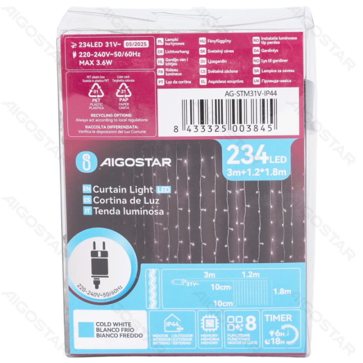 Low Voltage Curtain Flat String Lights, Cold White, 1.2*1.8m 13 strips IP44, Indoor&Outdoor