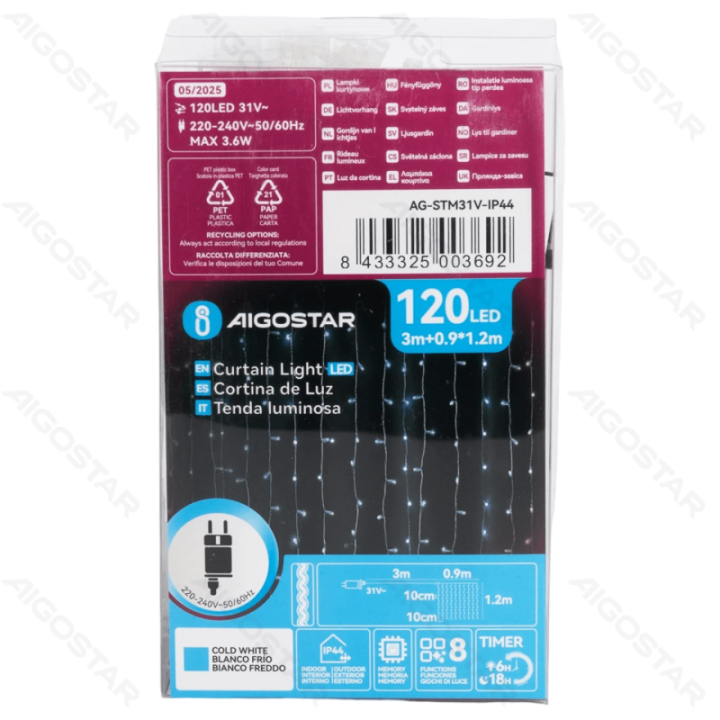 Žemo įtampos užuolaidinės plokščios girliandos, šaltai baltos, 0.9*1.2m 10 juostų IP44, viduje&lauke