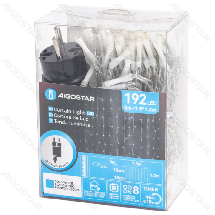 Žemo įtampos užuolaidinės plokščios girliandos, šaltai baltos, 1.5*1.2m 16 juostų IP44, viduje&lauke