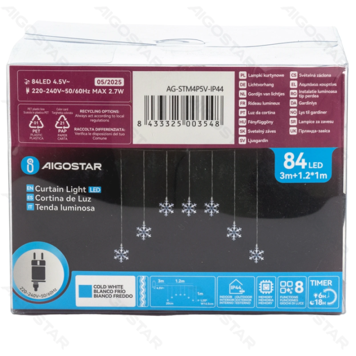 Žemo įtampos girliandos, užuolaidų trapecinės plokščios viršutinės snaigės šaltai baltos 1.2*1m, 7 juostų IP44, viduje&lauke