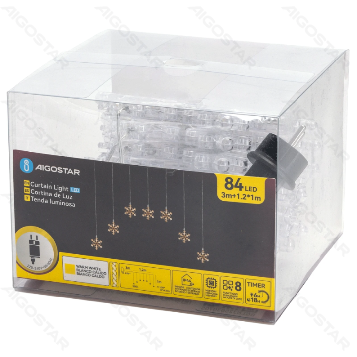 Žemo įtampos girliandos, užuolaidų trapecinės plokščios viršutinės snaigės šilta balta 1.2*1m, 7 juostų IP44, viduje&lauke