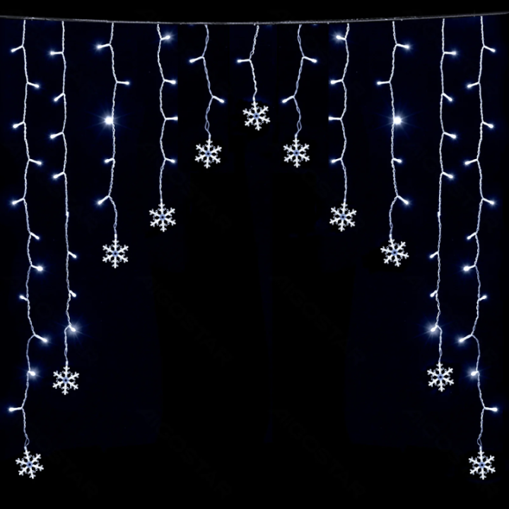 Žemo įtampos užuolaidų apversto V plokščios girliandos su snaigėmis šaltai baltos 1.5*1.2m 11 juostų IP44, viduje&lauke