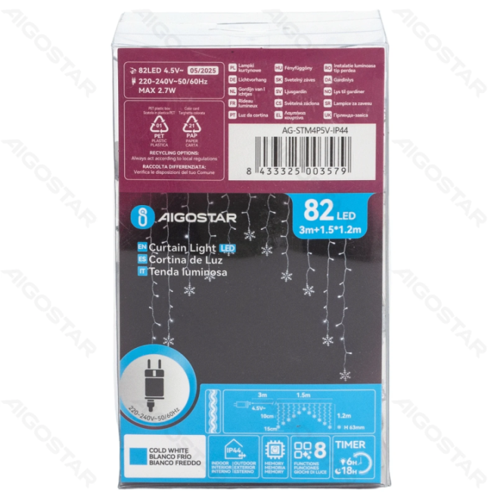 Žemo įtampos užuolaidų apversto V plokščios girliandos su snaigėmis šaltai baltos 1.5*1.2m 11 juostų IP44, viduje&lauke