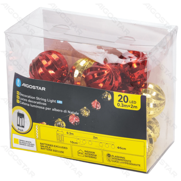 3AA Battery String Lights Christmas Balls Golden+Red Warm White 2m IP44, Indoor&Outdoor