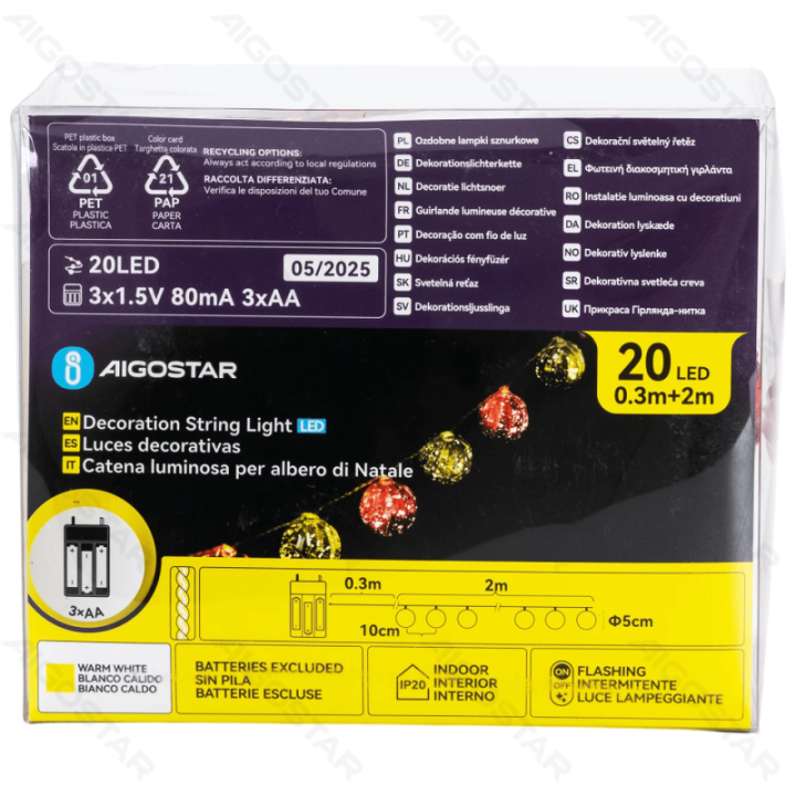 3AA baterijų girlianda Kalėdiniai burbulai auksinė+raudona šiltai balta 2m IP44, vidaus ir lauko