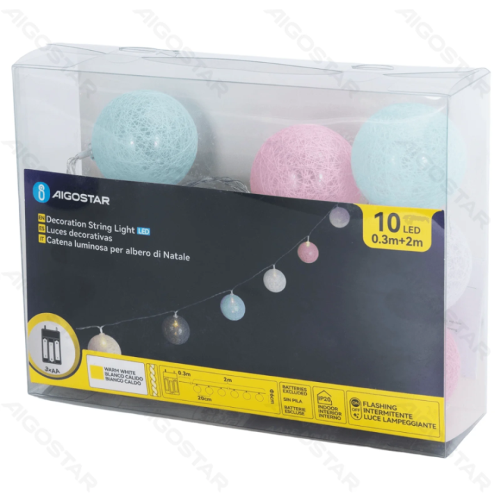 3AA baterijų girlianda medvilnės kamuoliukai Makaronų spalvos šiltai balta 2m