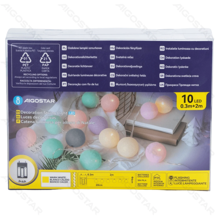 3AA baterijų girlianda medvilnės kamuoliukai Makaronų spalvos šiltai balta 2m