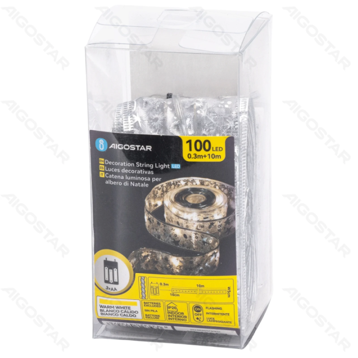 3AA Battery String Lights 5cm Silver Star Ribbon Warm White 10m IP44, Indoor&Outdoor