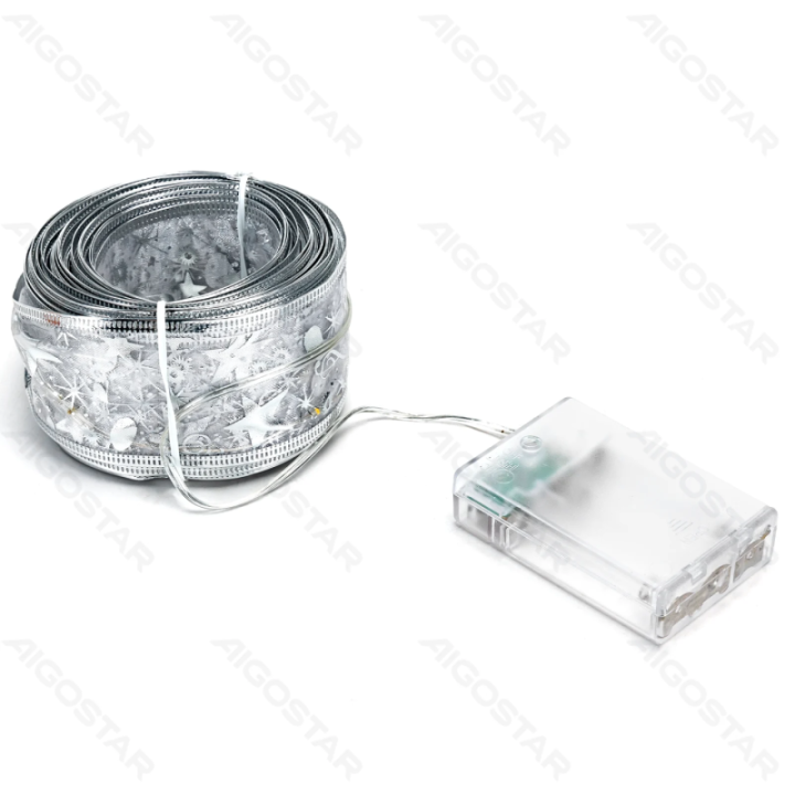 3AA Battery String Lights 5cm Silver Star Ribbon Warm White 10m IP44, Indoor&Outdoor