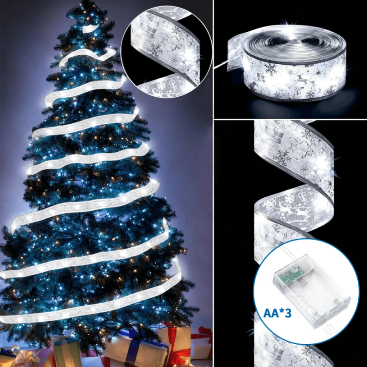 3AA Battery String Lights 5cm Silver Star Ribbon Warm White 10m IP44, Indoor&Outdoor